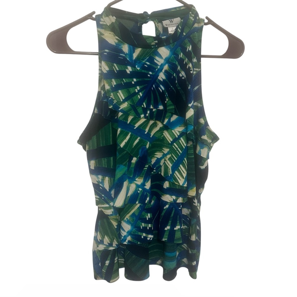 Worthington Women's Green and Blue Leaf Print Top preowned size Large